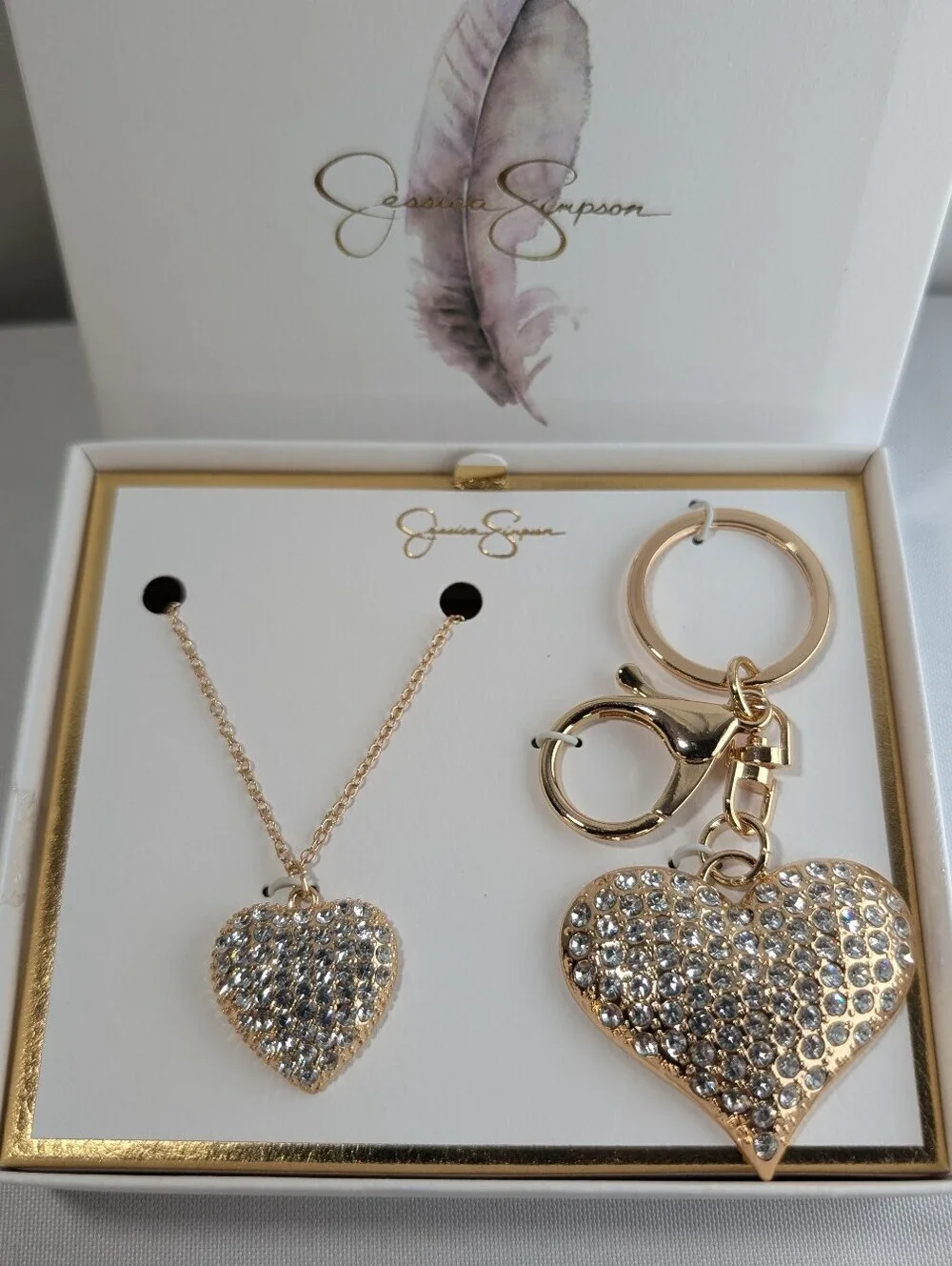 Jessica Simpson Rhinestone Heart Pendant Necklace And Purse Charm Keychain Set